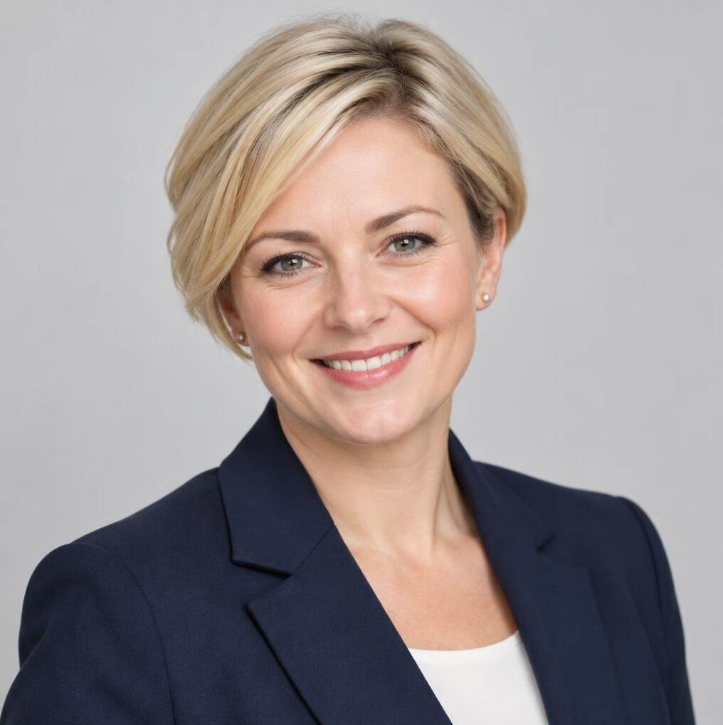 Studio portrait of a Polish woman with short blonde hair smiling