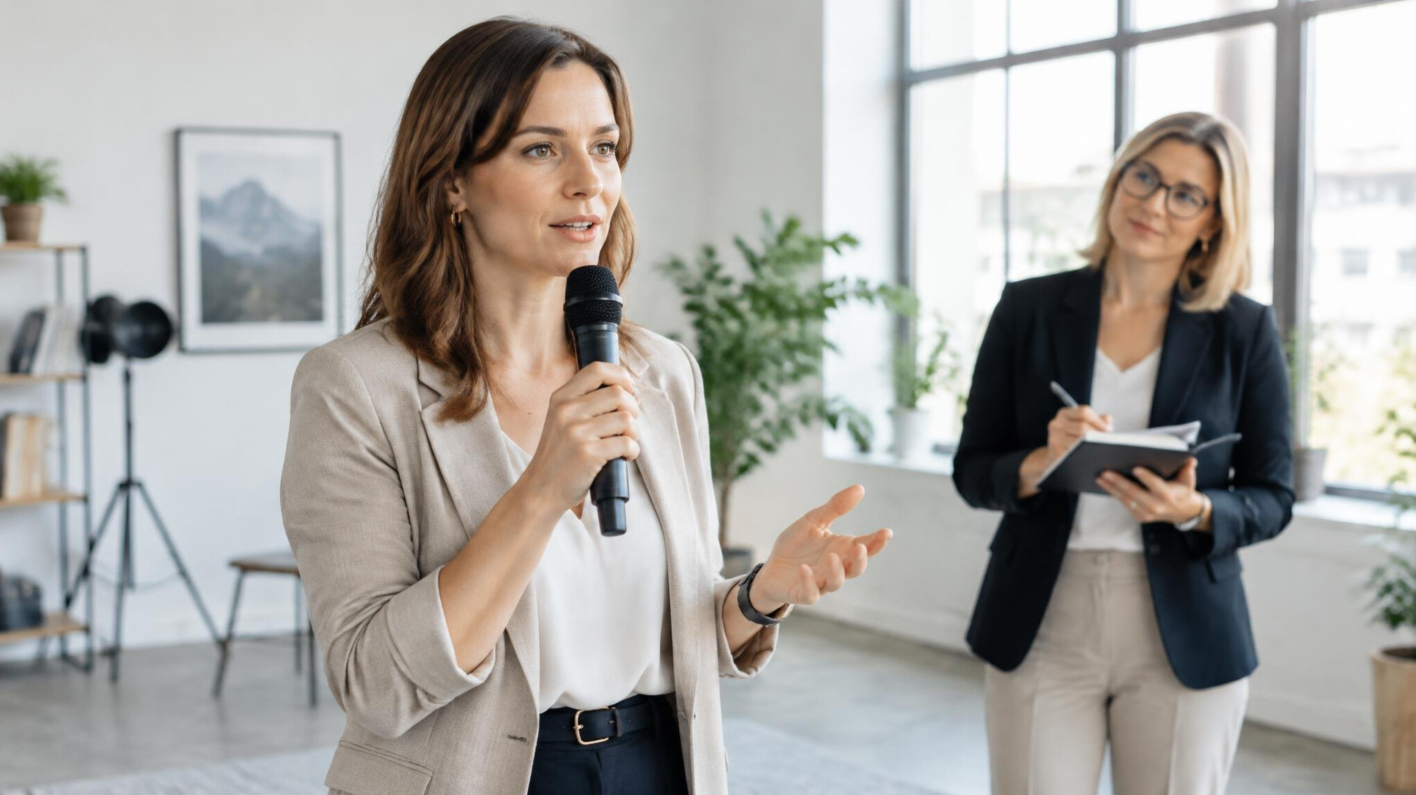 Woman practicing a speech with a microphone during a coaching session