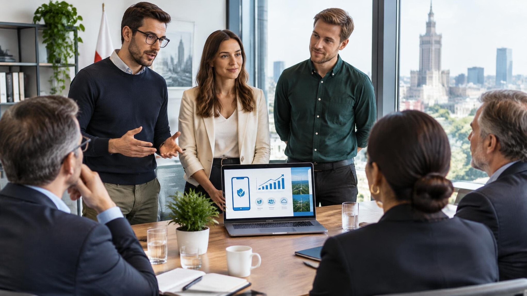 Startup founders presenting to venture capital investors around a table