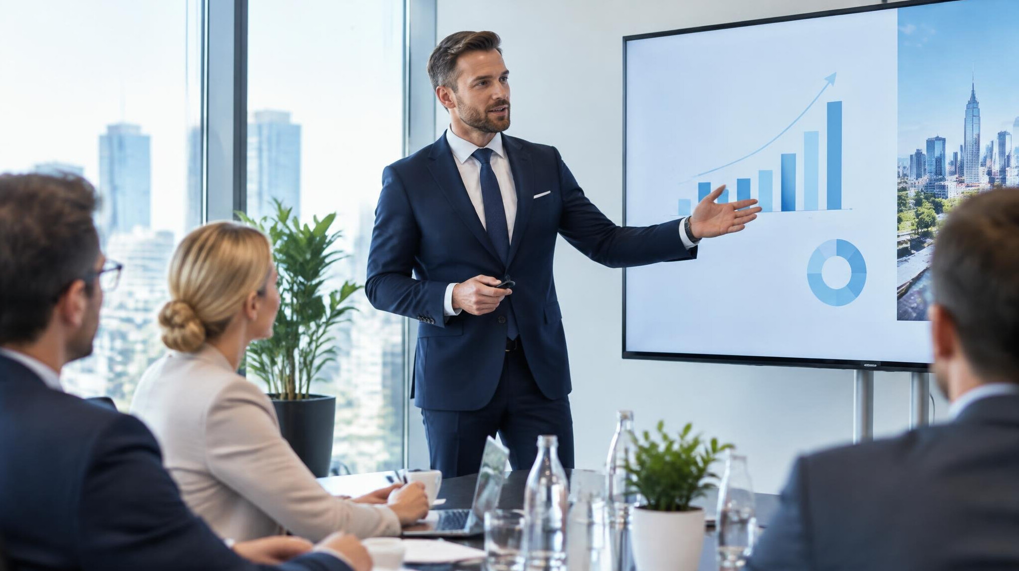 Businessman presenting a pitch deck to investors in a modern meeting room