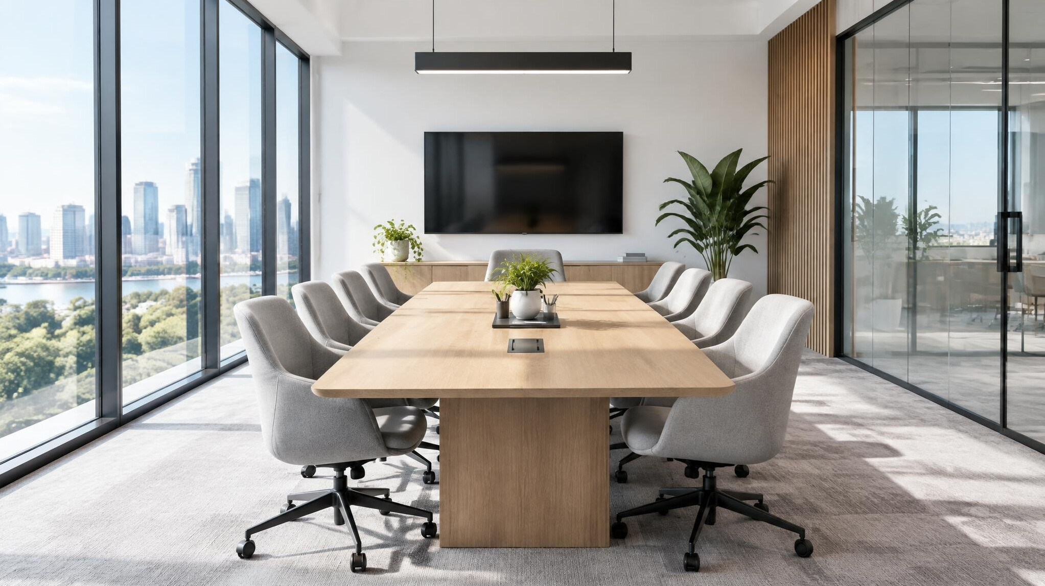 Bright modern office meeting room with a large table