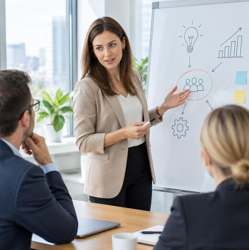 Woman presenting to colleagues using a whiteboard