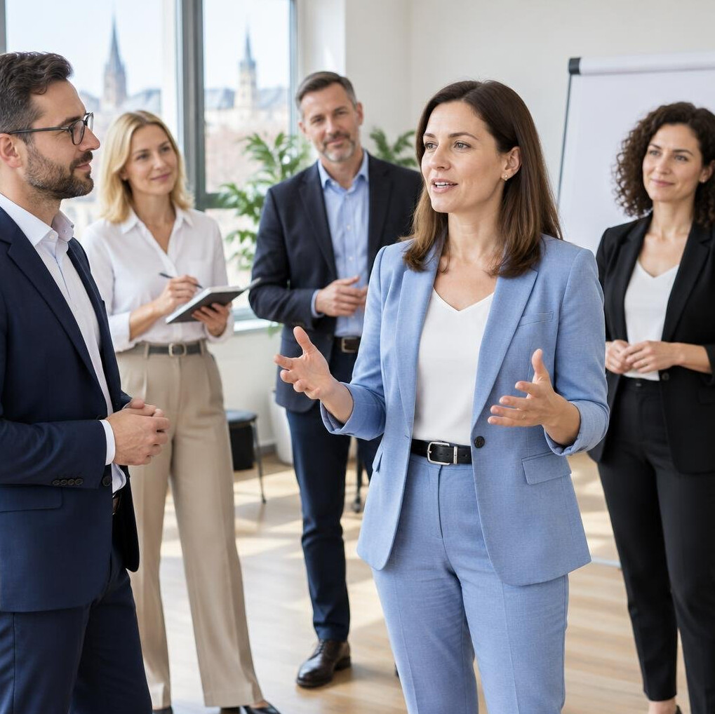 Group workshop with people practicing public speaking