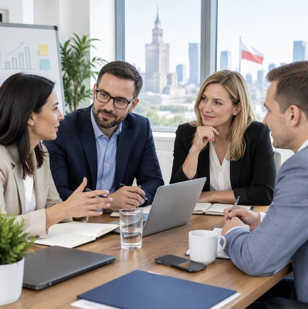 Business professionals discussing in a bright meeting room