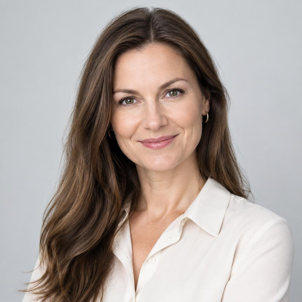 Studio portrait of a Polish woman with long brown hair smiling