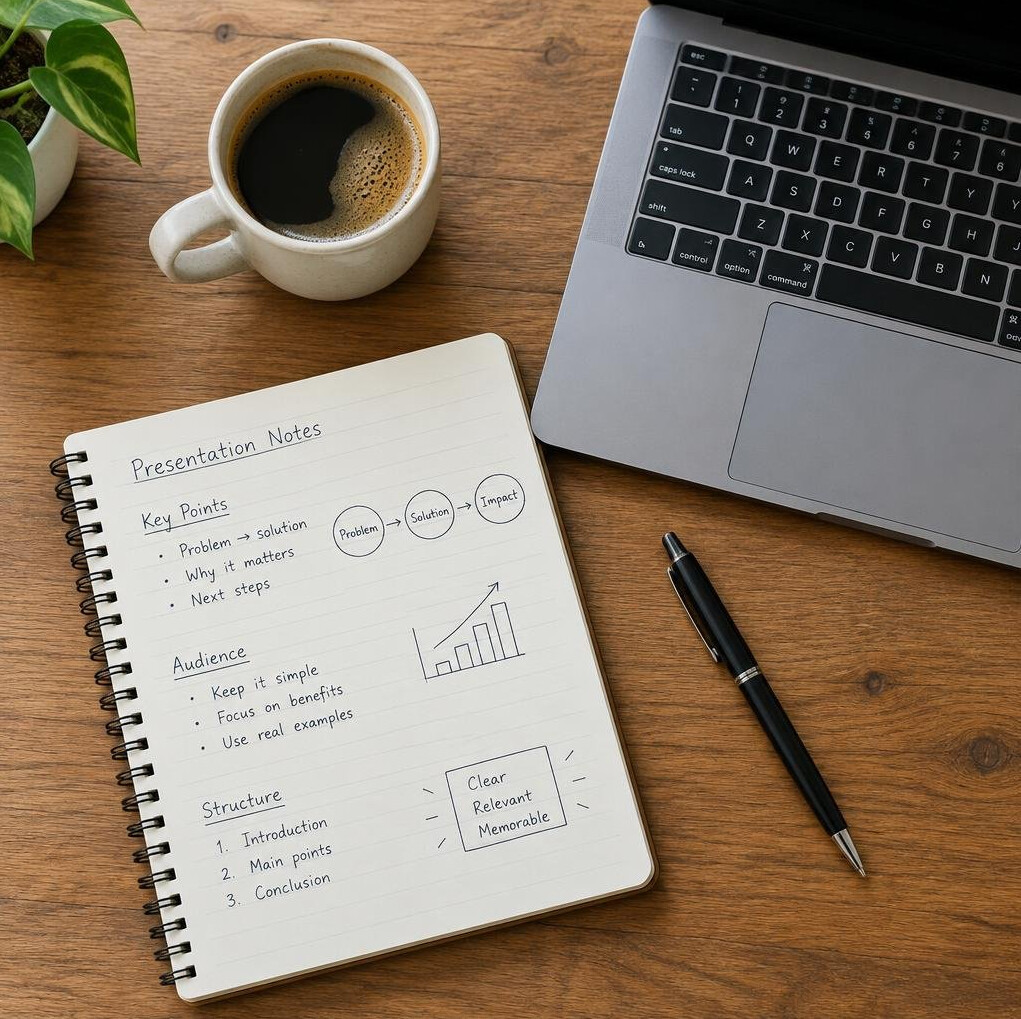 Notebook with handwritten notes and a laptop on a desk